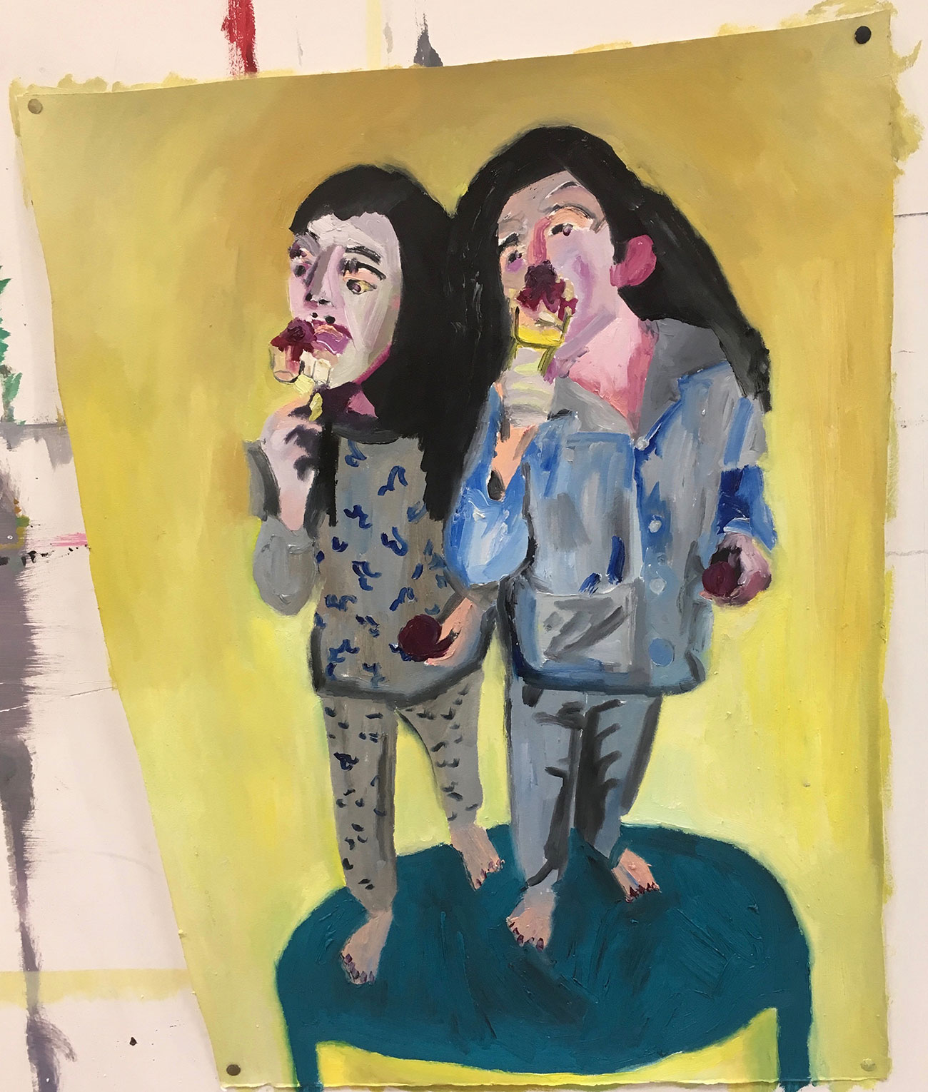 Clara et Milly en train de manger une glace, 2019 - Oil on paper 68 x 54 cm
